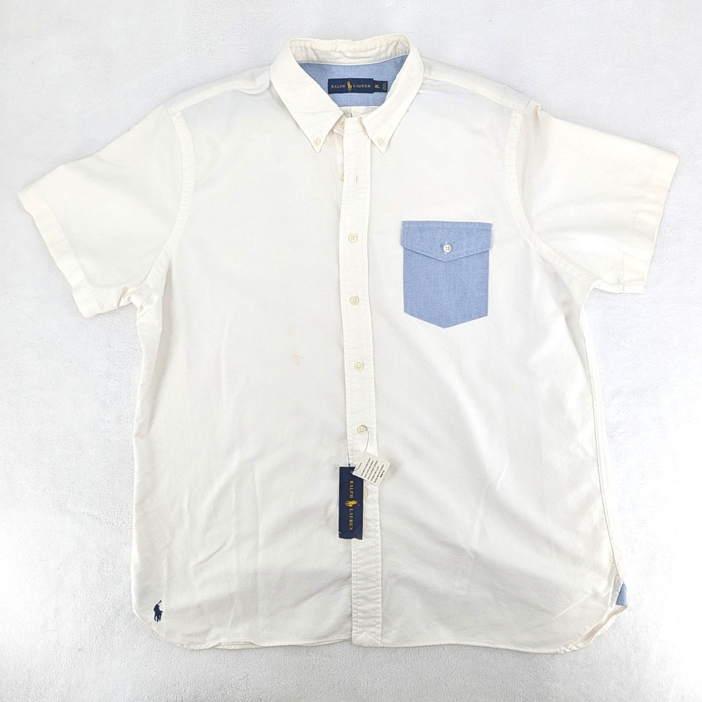 Ralph Lauren Short Sleeve Oxford Shirt Contrast Pocket White‎ XL NWT (Stained)
